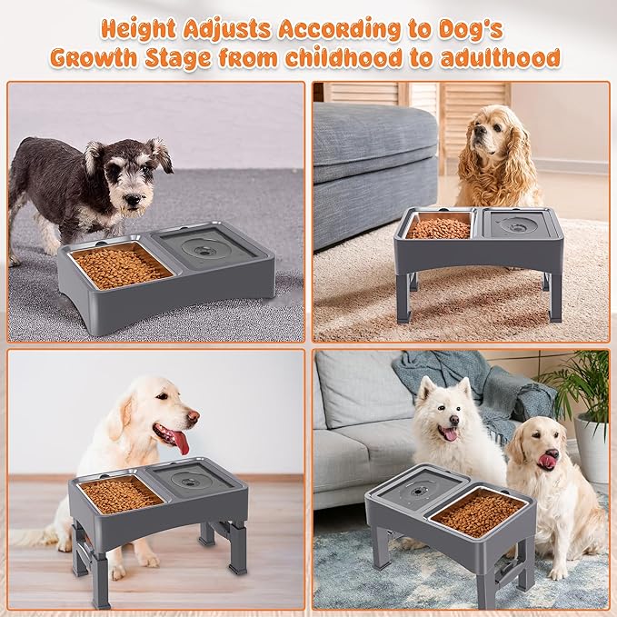 Decflow 2-in-1 Elevated Dog Bowls, 4 Height Adjustable Raised Dog Bowls with Stainless Steel Dog Food Bowls & No Spill Water Bowl, DIY Stickers Foldable Pet Bowl for Medium Large Dogs