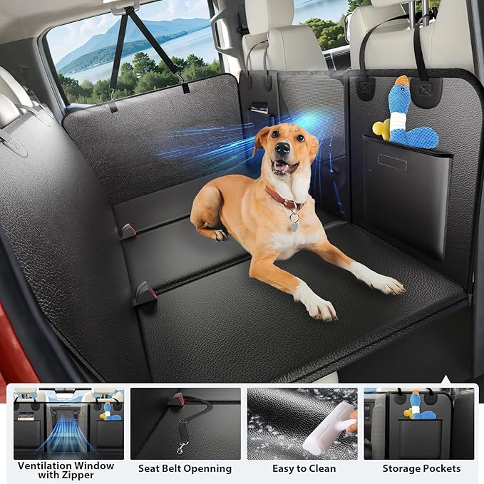 Back Seat Extender for Dogs Truck-Upgraded PU Leather-Truck Dog Seat Cover Back Seat Hard Bottom 400lbs, Anti-Scratch Pet Seat Covers for Trucks, Waterproof Backseat Dog Hammock for Truck
