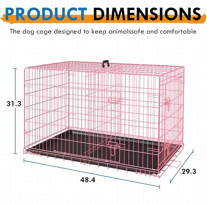 PayLessHere Large Dog Crate Kennel for Medium Large Dogs Metal Dog Cage Double-Door Folding Travel Indoor Outdoor Puppy Playpen with Divider and Handle Plastic Tray (48 Inch, Pink)