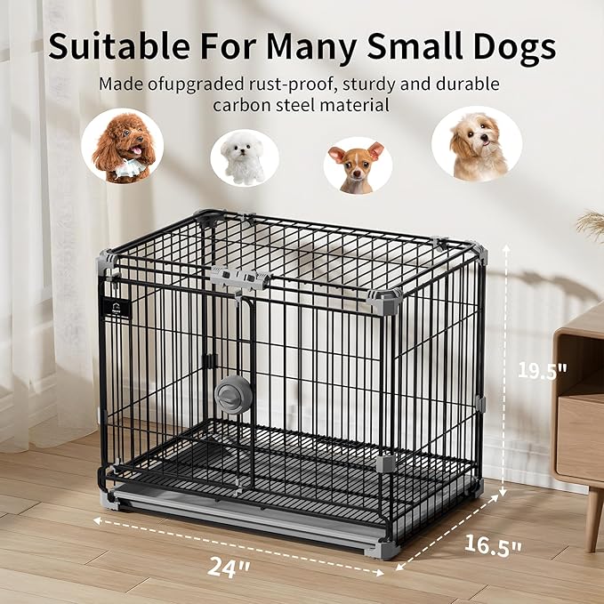 Dog Crate for Small Dogs Under 25lbs,24 inch Black Thick Metal Dog Kennel Indoor Wire Cage with Double Door and Removable Tray for Pets,Puppy