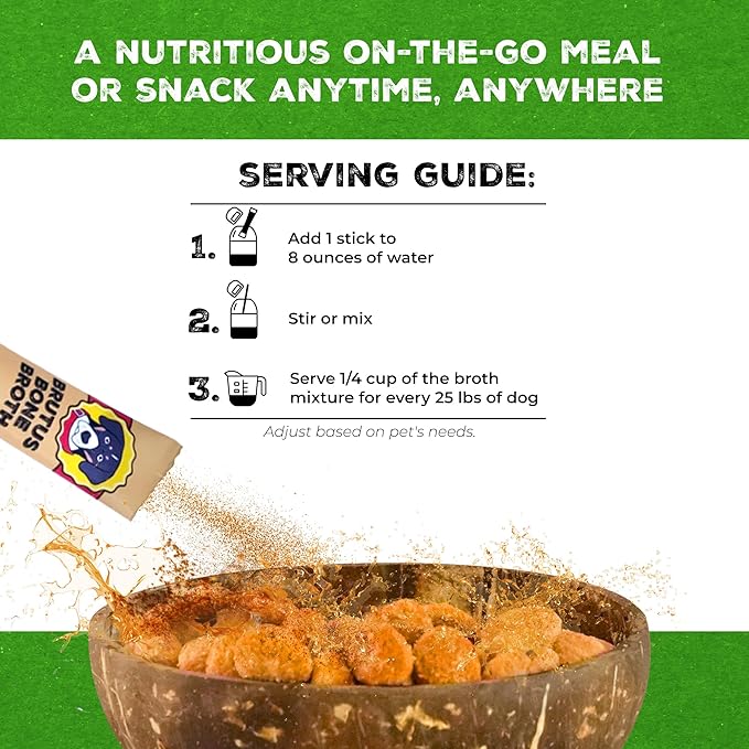 Brutus Bone Broth for Dogs - Bone Broth Powder with Chondroitin Glucosamine & Turmeric - Human Grade Dog Food Toppers for Dry Food & Picky Eaters - 5 Stick (Chicken)
