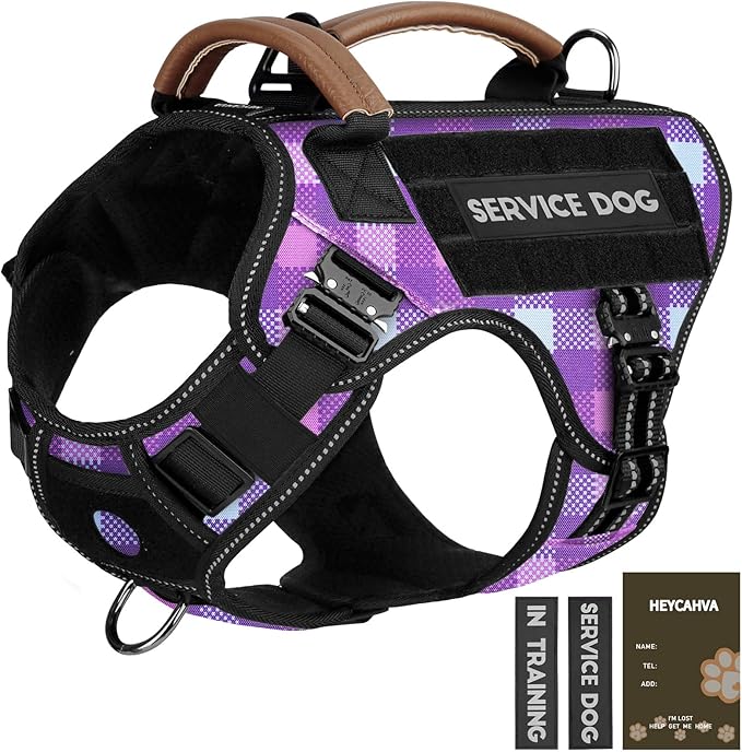 Service Dog Vest - HEYCAHVA Tactical Dog Harness Full Metal Buckles Dog Vest for Large Medium Dog Reflective No Pull Dog Harnesses with Leather Handle, Hook & Loop for Hiking Training (Purple, XL)