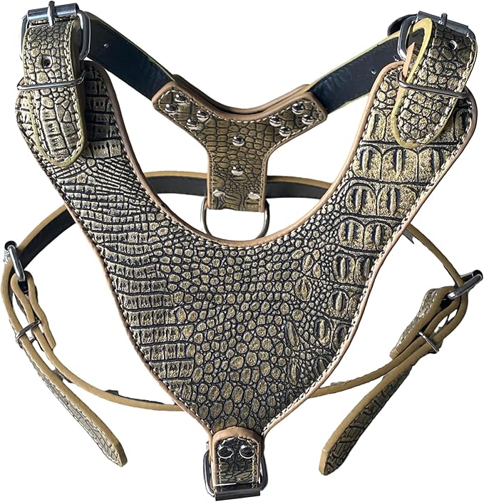 Leather Dog Harness Chest for 26"~34" Large Dogs Pitbull Mastiff Boxer Bully Black/Pink/Red/Gold Brown/Leopard/Brown (Gold Brown)
