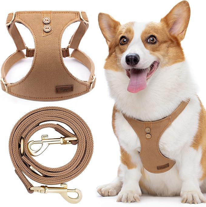 Puppytie Dog Harness with Multi-Functional Leash, No-Pull No-Choke Escape-Proof Dog Vest, Soft Breathable Step-in Pet Harness, Lightweight Comfortable for Medium Dogs, Denim Khaki Button-M (17-35lb)