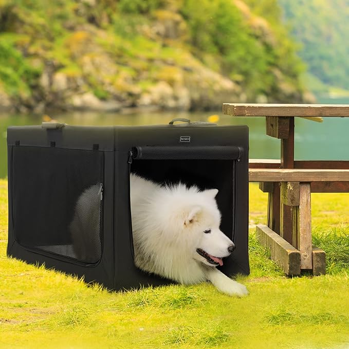 PETSFIT Portable Dog Crate, Soft Sided Dog Crate - 40 Inch Easy Set-up, Light, Sturdy, Comfy Inside with Thicken Mat, Collapsible Crate for Home and Travel Black