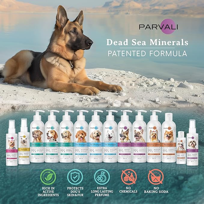 Natural Dead Sea Extra Bath Dog Shampoo (250 ml, 8.45 fl oz). for Long-Haired Breeds, Heavy Dirt Treatment, Anti-Itch Formula. Minerals Rich, Extra-Scented, Easy Application. Enjoy!