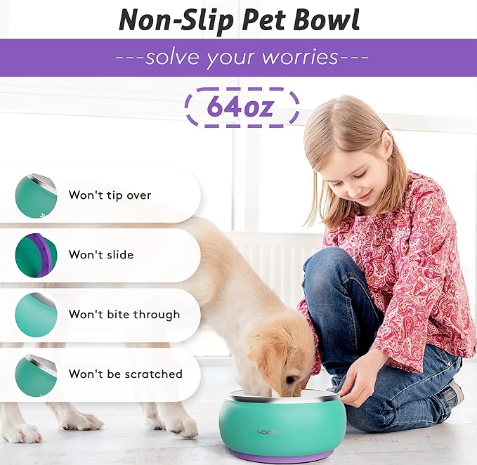 COKTIK Dog Bowl, Insulated Stainless Steel Food Bowls for Dogs & Cats, Non-Slip Dog Bowls Water Bowl Large Breed, Easy to Clean, Durable and Dishwasher Safe (64oz, Aurora)