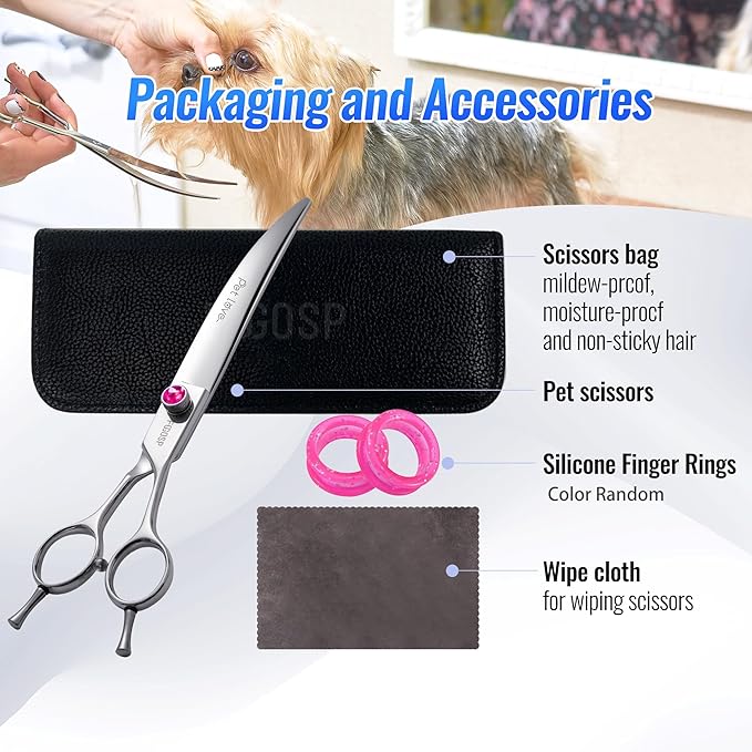 Curved Scissors for Dog Grooming Professional 8 inch Long Downward Curved Shears Dog Grooming for Poodle Large Dog Pet 30°Japanese 440C Stainless Steel Right Handed(8.0'',Curved)