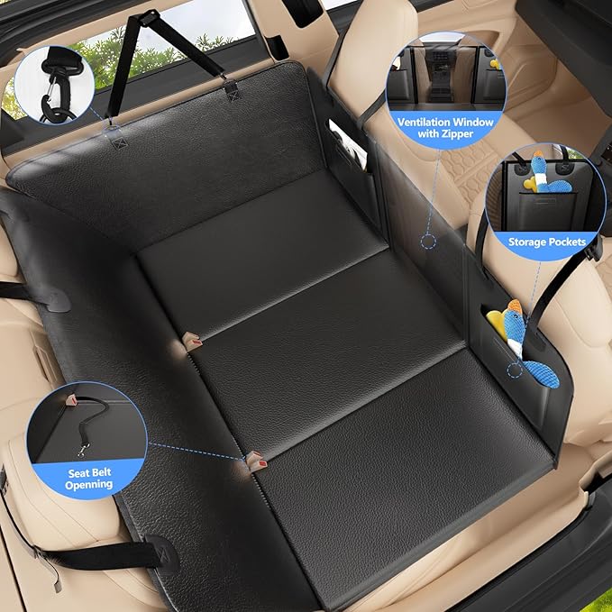 Back Seat Extender for Dogs-Upgraded PU Leather, Hard Bottom Dog Car Seat Cover for Back Seat, Anti-Scratch Backseat Extender for Dogs, Waterproof Dog Hammock for Car, SUV, 400lbs
