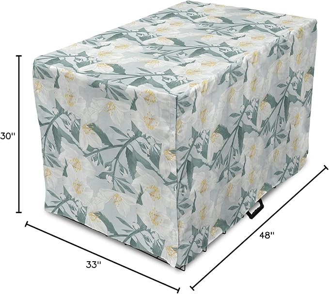 Lunarable Jasmine Dog Crate Cover, Delicate Pointy Petals Flower in Muted Tones, Easy to Use Pet Kennel Cover for Medium Large Dogs, 48 Inch, Pale Teal Pale Blue