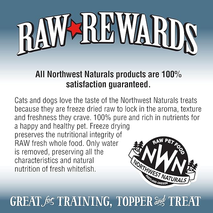 Northwest Naturals Raw Rewards Freeze-Dried Whitefish Treats for Dogs and Cats - Bite-Sized Pieces - Healthy, 1 Ingredient, Human Grade Pet Food, All Natural - 2.5 Oz
