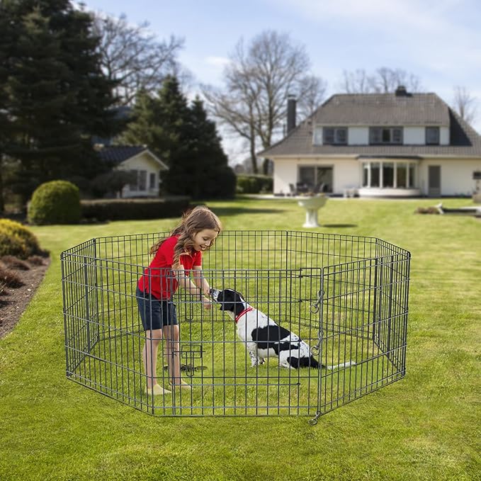 NEZUC Foldable Metal Dog Exercise Playpen Gate Fence Dog Crate 8 Panels 24 Inch Height Puppy Kennels with Bottom Pad for Animals Outdoor Indoor (with Bottom pad, 8 Panels 24" H)