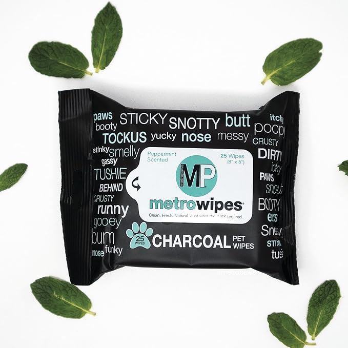 MetroPaws Peppermint Scented Charcoal Dog Wipes, 25 Extra Large & Thick Cleaning Wipes Ideal for Cats and Dogs, for Paws, Butt, Ears and Eyes