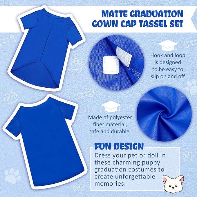 Xuniea 2 Pcs Dog Graduation Costume Set 2025 Dog Graduation Cap and Gown Puppy Hat with Tassel Matte Pet Grad Outfit Cats Grad Bear Holiday Party Costume Accessory(Blue,Large)
