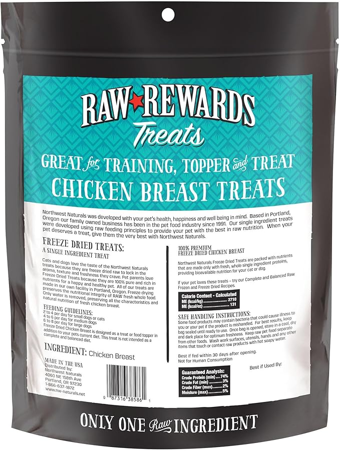 Northwest Naturals Raw Rewards Freeze-Dried Chicken Breast Treats for Dogs and Cats - Bite-Sized Pieces - Healthy, 1 Ingredient, Human Grade Pet Food, All Natural - 10 Oz