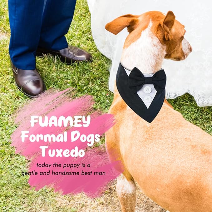 FUAMEY Dog Tuxedo,Formal Dog Wedding Bandana Dog Collar with Bow Tie Dog Birthday Costume Adjustable Pet Party Tux Dog Wedding Attire,Dog Valentines Outfit Cosplay for Small Medium Large Pets Black-L