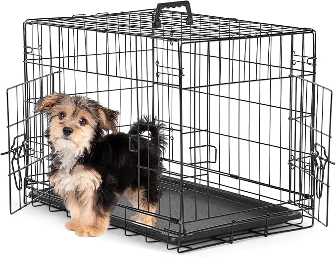 Dog Crates for Medium Dogs, Heavy Duty Dog Cage Indoor W/Divider Panel & Removable Tray, Metal Double Doors Dog Kennel for Indoor Outdoor Travel, Floor Protecting Feet, 24 in Black