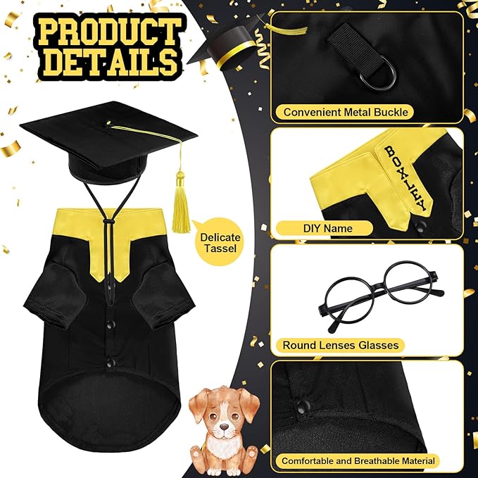 5 Pcs Dog Graduation Costume Set Include 2025 Pet Graduation Gown with Stole Puppy Grad Cap Lensless Glasses DIY Letter Stickers for Dogs Cats Holiday Costume Accessory(Black Yellow,2XL)