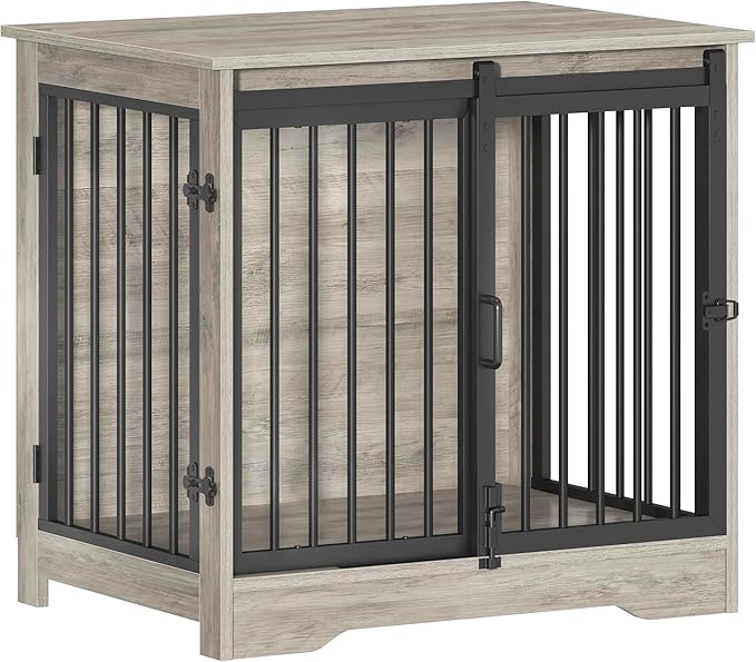 Dog Crate Furniture, 27.2" Double Door Dog Crate with Barn Door, Dog Kennel Indoor, End Side Table Wooden Dog Crate for Small Medium Dog, Anti-Chew Anti-Escape, Greige DFC84305B