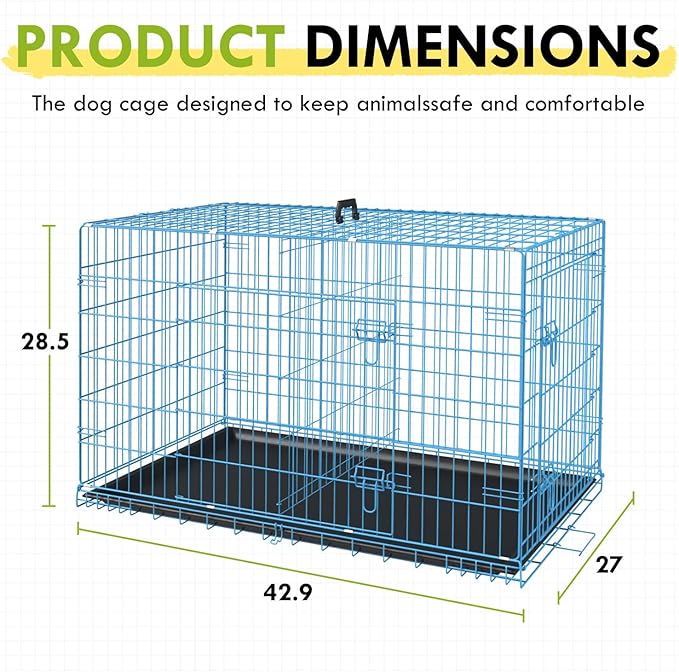 PayLessHere Large Dog Crate Kennel for Medium Large Dogs Metal Dog Cage Double-Door Folding Travel Indoor Outdoor Puppy Playpen with Divider and Handle Plastic Tray (42 Inch, Blue)