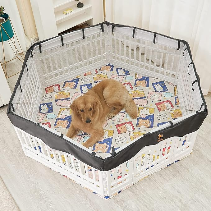 PJYuCien Dog Playpen Mesh Top Cover, Fits 36 Inch 6 Panels Regular Hexagonal Plastic Exercise Pet Pen, Telescopic Buckles Connections, Black (Note: Cover Only, Fence Not Included)