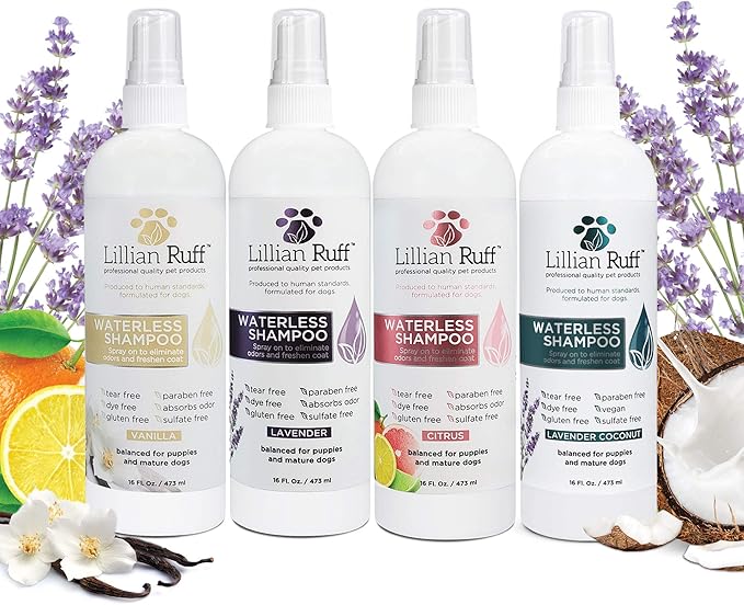 Lillian Ruff Waterless No-Rinse Dog Dry Shampoo Spray with Hydrating Essential Oils - pH-Balanced Dry Shampoo for Dogs - Clean, Condition, Detangle & Deodorize Dry, Sensitive Skin (Citrus)