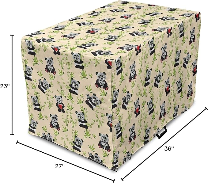 Lunarable Panda Dog Crate Cover, Asian Bear Cartoon Character Eating Leaves Branches Wildlife Animal, Easy to Use Pet Kennel Cover for Medium Large Dogs, 36 Inch, Apple Green Black and Ivory