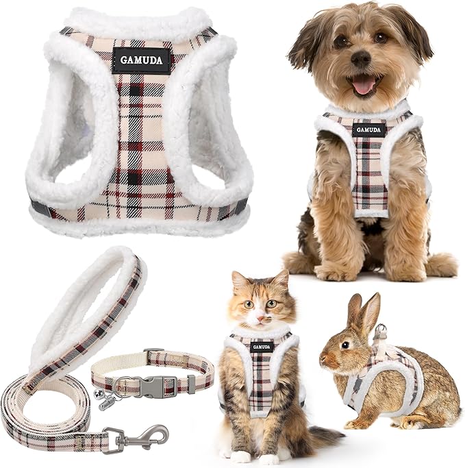 GAMUDA Small Dog Harness Collar and Leash Set, Step in No Chock No Pull Soft Mesh Adjustable Dog Vest Harnesses Plaid Reflective for Dogs Puppy Cats Kitten Rabbit (Warm Beige, XXS)