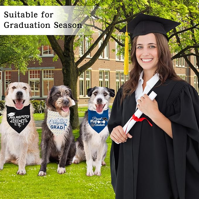 3 Pack Dog Graduation Bandanas Reversible Doggy Graduations Cap and Gown Adjustable Graduat Pet Triangle Scarf Outfit Costume for Small Medium Large Dogs