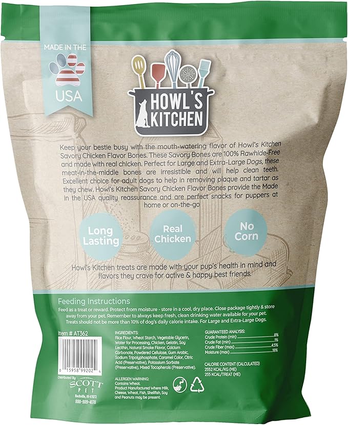 Howl's Kitchen Dog Treats, Savory Bones, Chicken, Large, Brown, (AT362)