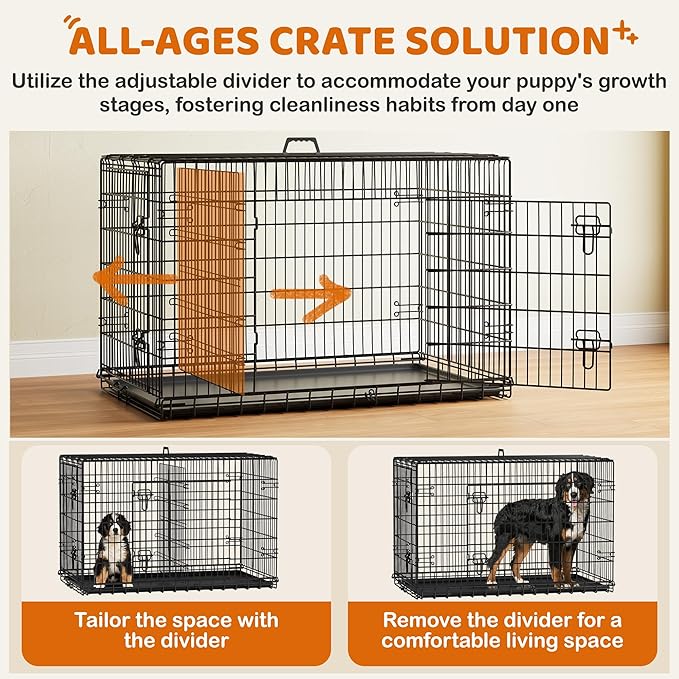 Yaheetech 48 inch Double Door Dog Crate w/Divider for Puppy to Adult Large Collapsible Metal Crate with Removable Tray XXL Wire Dog Kennel Pet Crate for Dogs Portable Travel Cage, Black