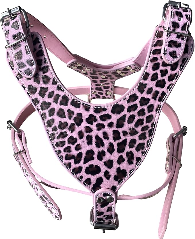 Leather Dog Harness Chest for 26"~34" Large Dogs Pitbull Mastiff Boxer Bully Black/Pink/Red/Gold Brown/Leopard/Brown (Lropard)