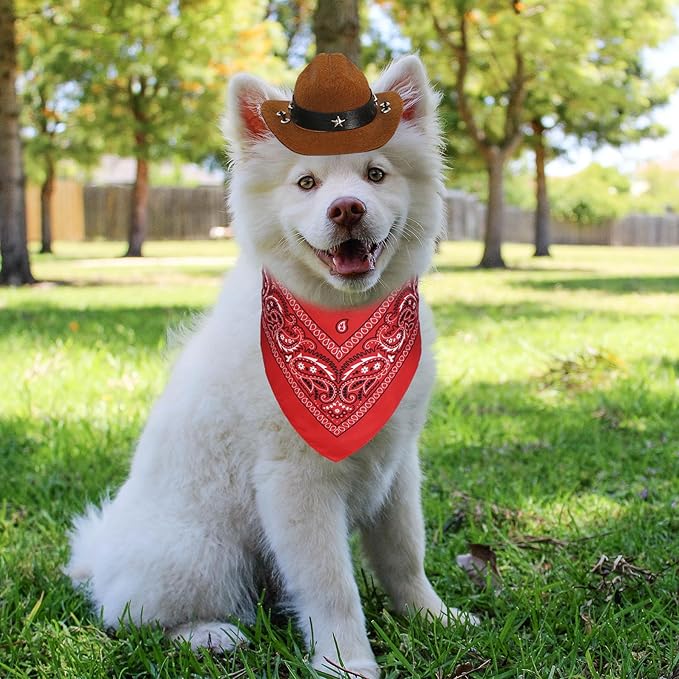 Dog Halloween Costumes, Dog Cowboy Costume Halloween Pet Cowboy Hat Bandana Scarf for Small Medium Large Dogs Pets (Brown Hat & Red Bandana, Small)