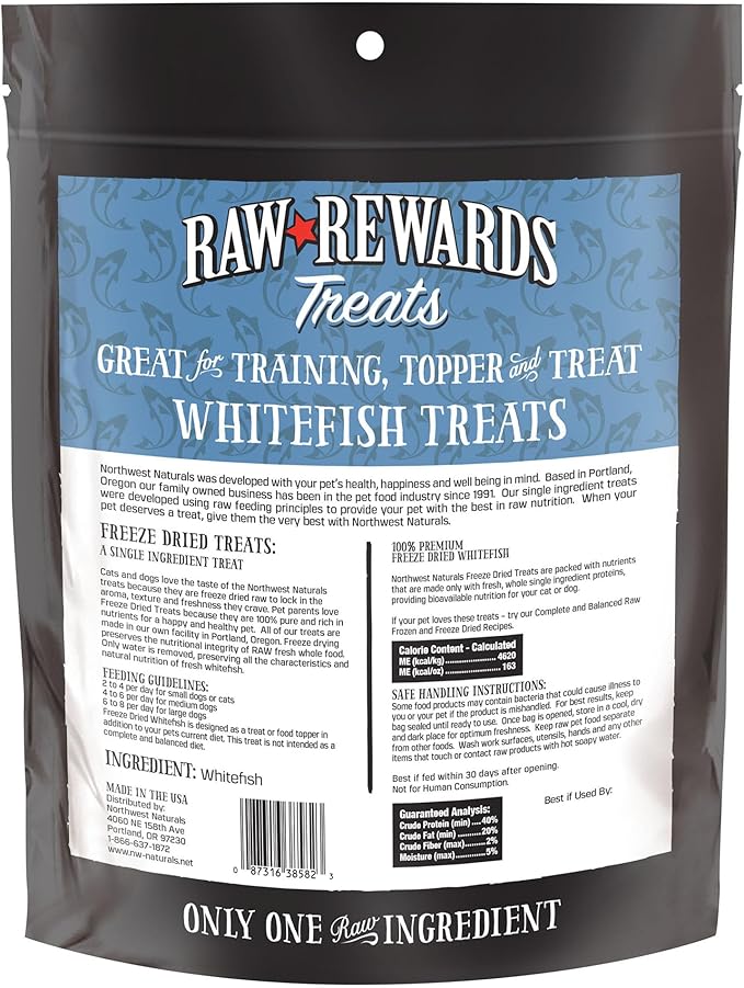 Northwest Naturals Raw Rewards Freeze-Dried Whitefish Treats for Dogs and Cats - Bite-Sized Pieces - Healthy, 1 Ingredient, Human Grade Pet Food, All Natural - 10 Oz (Pack of 3)
