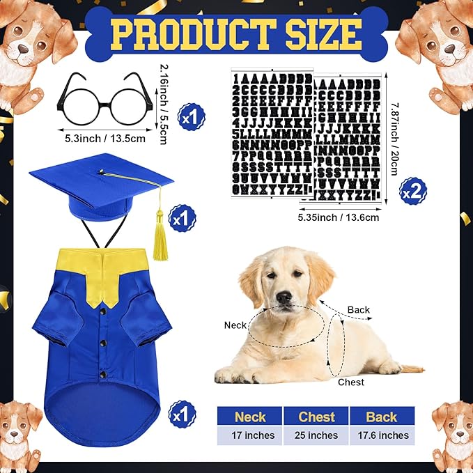 5 Pcs Dog Graduation Costume Set Include 2025 Pet Graduation Gown with Stole Puppy Grad Cap Lensless Glasses DIY Letter Stickers for Dogs Cats Holiday Costume Accessory(Blue Yellow,L)