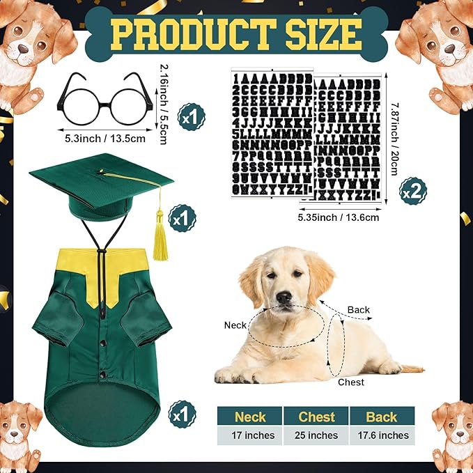 5 Pcs Dog Graduation Costume Set Include 2025 Pet Graduation Gown with Stole Puppy Grad Cap Lensless Glasses DIY Letter Stickers for Dogs Cats Holiday Costume Accessory(Green Yellow,L)