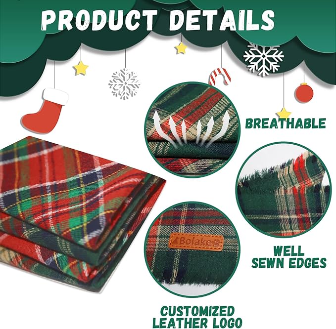 Merry Christmas Dog Bandanas with Tassels Edges Classic Stylish Plaid 2 Pack Christmas Xmas Dogs Bandana Pet Scarf Bibs Pet Scaf Christmas for Small Medium Large Dog Pets