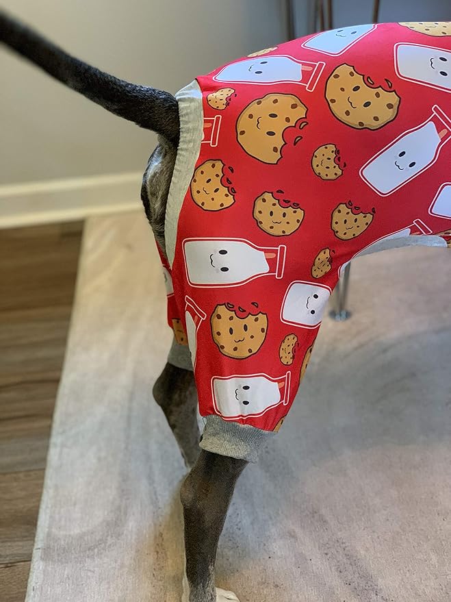 Tooth & Honey Pitbull Dog Pajamas – Red Milk & Cookie Print Onesie for Medium Dogs – Lightweight Full Coverage Dog Clothes for Shedding, Recovery & Warmth – Pullover Pajamas (Medium)