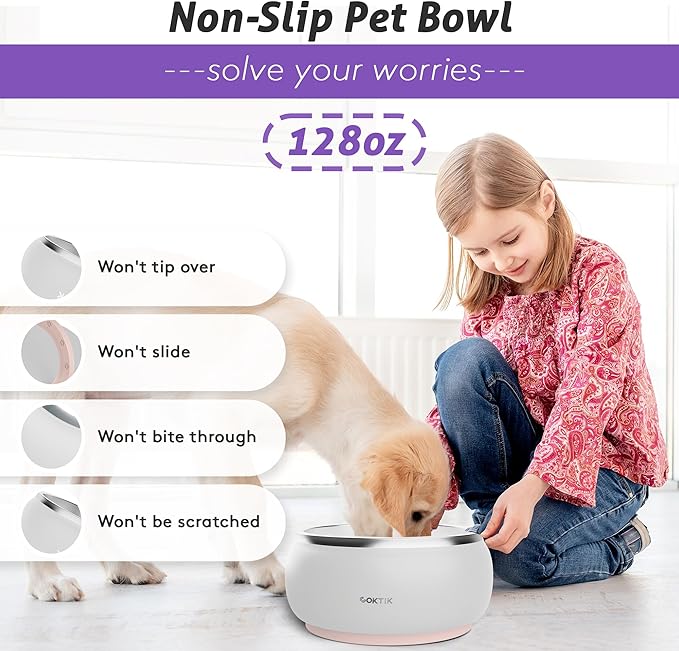 COKTIK Dog Bowl, Insulated Stainless Steel Food Bowls for Dogs & Cats, Non-Slip Dog Bowls Water Bowl Large Breed, Easy to Clean, Durable and Dishwasher Safe (128oz/1Gallon, White)