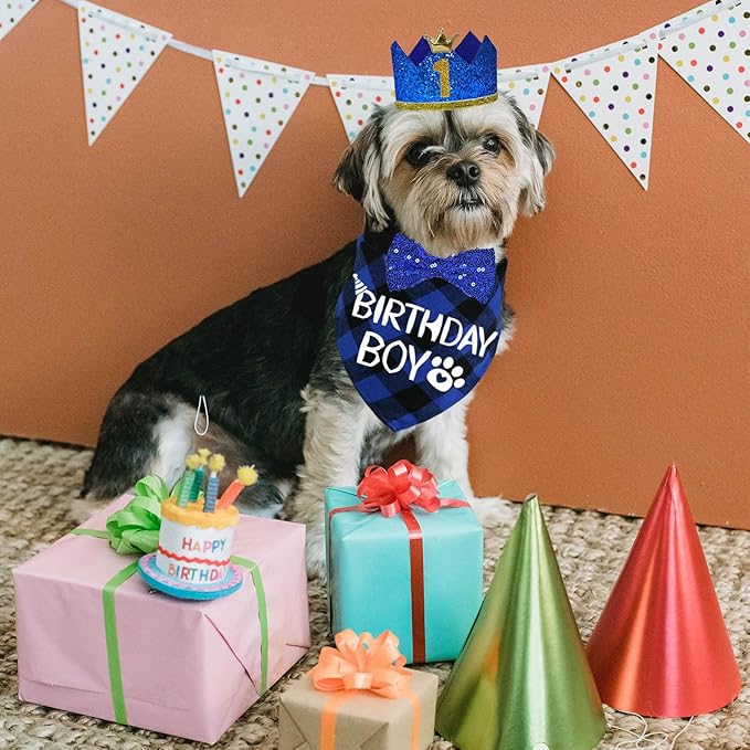 STMK Dog Birthday Party Supplies, Multi Size Dog Birthday Hat with Numbers Bandana Bow Tie for Small Dogs Pets (Blue, Small)