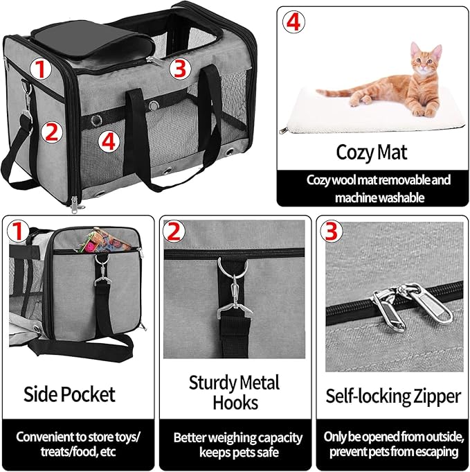 Soft Sided Cat/Dog Carrier,Collapsible Mesh Pets Travel Carriers for Pet/Puppy with Shoulder Strap & Removable Mat,Top Load Small Dogs/Cats Carry Bag Up to 25 Lbs(Grey - L)