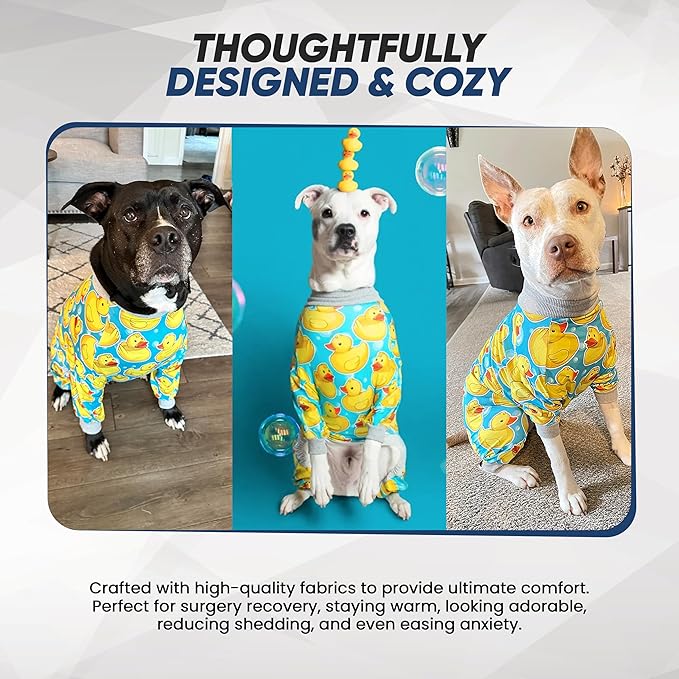 Tooth & Honey Pit Bull Pajamas – Rubber Duck Print Lightweight Pullover with Full Coverage – Yellow with Grey Trim Dog PJs