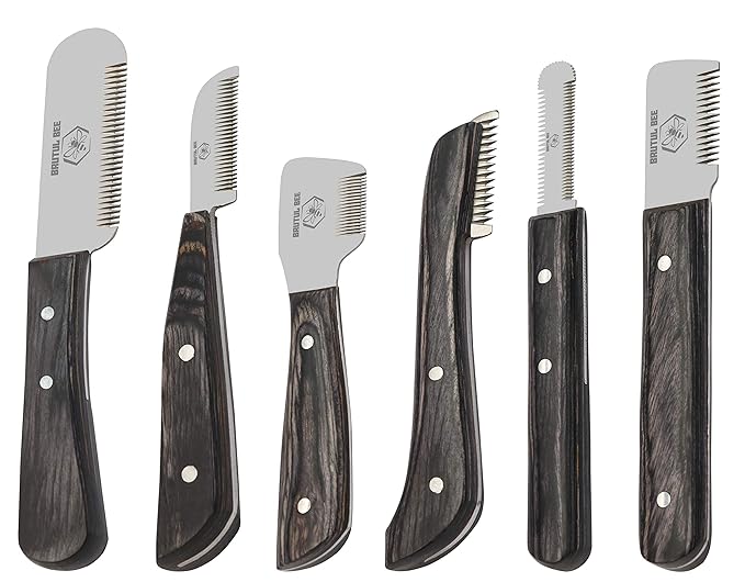 Brutul Bee Dog Grooming Coat Stripping Knife Stripper Trimmer Tool Wooded Handle Stripping Knives Set of 6 in Stainless Steel Non-Slip Tools for Grooming Dogs (Black)