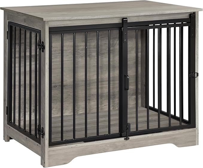 Dog Crate Furniture, 32" Double Door Dog Crate with Barn Door, Dog Kennel Indoor, End Side Table Wooden Dog Crates for Small Medium Large Dogs, Anti-Chew Anti-Escape, Greige DFC83605B