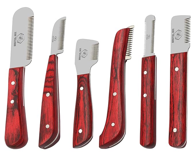 Brutul Bee Dog Grooming Coat Stripping Knife Stripper Trimmer Tool Wooded Handle Stripping Knives Set of 6 in Stainless Steel Non-Slip Tools for Grooming Dogs (Red)