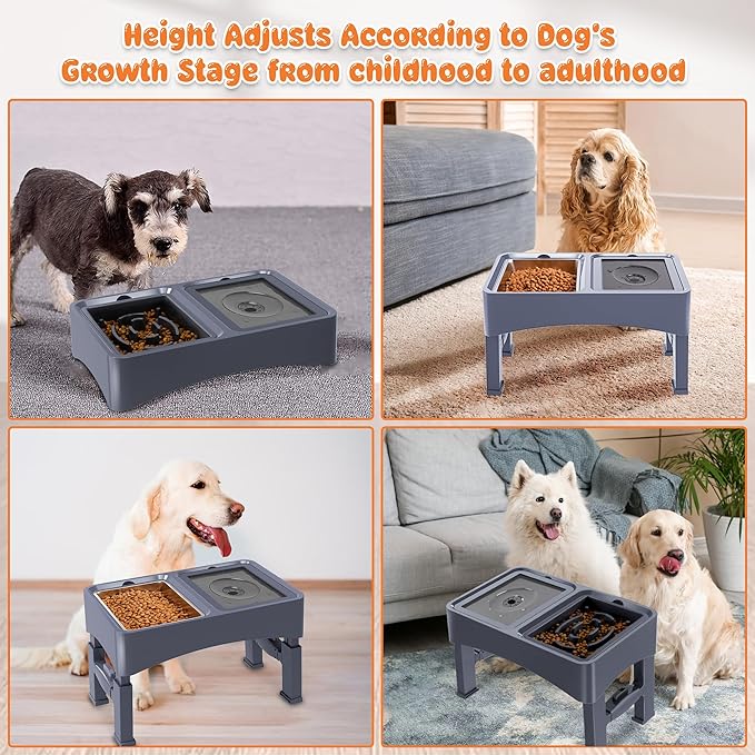 DecFlow 3-in-1 Elevated Dog Bowls - 4 Height Adjustable, Stainless Steel, Slow Feeder, No Spill Water Bowl, Foldable for Medium Large Dogs