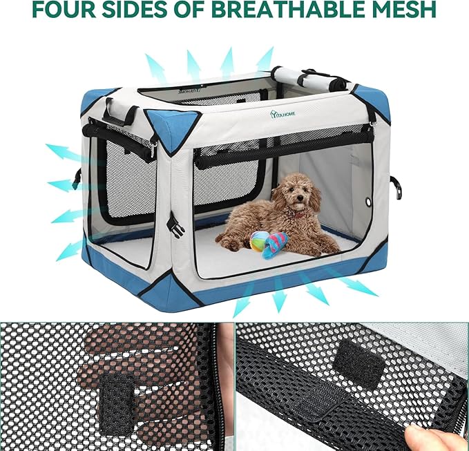 YITAHOME Collapsible Dog Crate, 4-Door Portable Travel Dog Crate, 4-Door Folding Soft Dog Kennel with Breathable Mesh Windows & Soft Mat,Indoor & Outdoor Use, 42" L x 31" W x 31" H, Flat Style