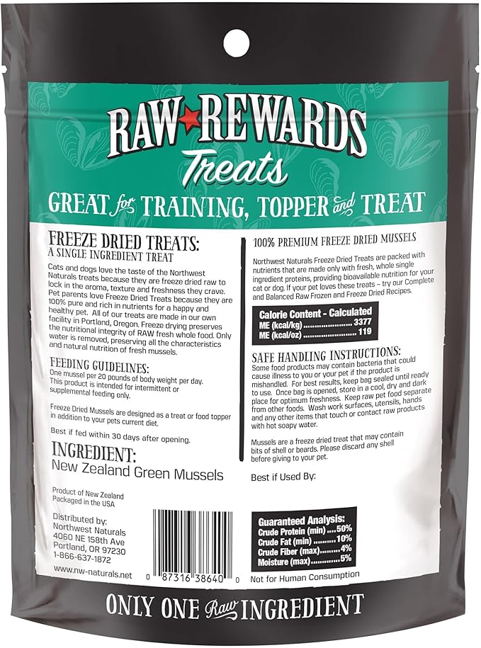 Northwest Naturals Raw Rewards Freeze-Dried Green Lipped Mussel Treats for Dogs and Cats - Bite-Sized Pieces - Healthy, 1 Ingredient, Human Grade Pet Food, All Natural - 2 Oz (Pack of 1)