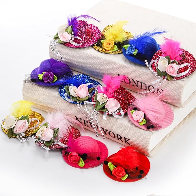 12 Pcs Chicken Hats for Hens, Mini Feather Top Chicken Helmet Halloween Accessories, Funny Small Hat Tiny Pet Hat, Chicken Show Costume for Rooster Duck Hamster Parrot Bird Poultry Snake