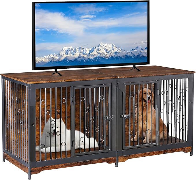 71'' Dog Crate Furniture for 2 Dogs, Wooden Double Dog Crate Large Breed with Door, XXL Indoor Dog Kennel TV Stand End Table with Divider for Large Medium Dogs, No Cushion,Brown